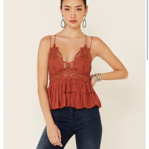 Free People Adella Cami NWT Winding Roads Rust Crochet Lace Peplum Ruffle XS - Picture 16 of 16